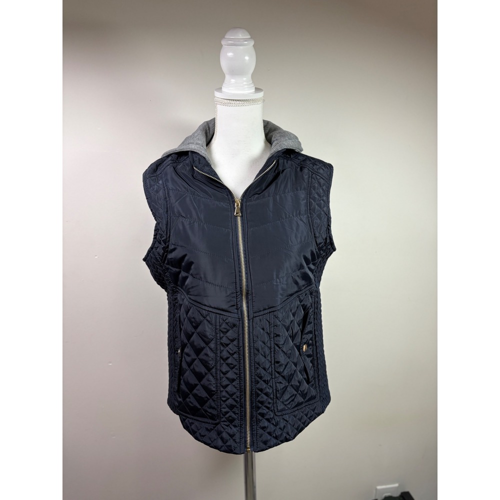 Louise Paris Navy Blue Quilted Hooded Vest Faux Fur Lined Large Mixed Media Zip